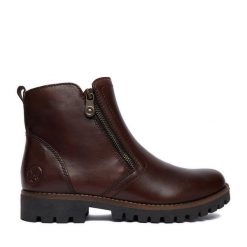 Botki Rieker. Brązowe botki Rieker, bez wzorów, bez obcasa, na płaskiej podeszwie, bez zapięcia. Za 469.99 zł.