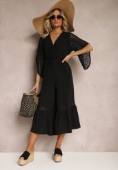 Czarny Kombinezon z Szerokimi Nogawkami Typu Dzwony z Koronką Fielara. Czarne sukienki Renee, na co dzień, l, bez wzorów, z koronki, eleganckie, bez kołnierzyka, bez ramiączek, kopertowe. Za 39.99 zł.