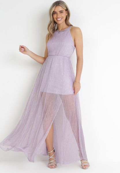 Fioletowa Koktajlowa Sukienka z Gumką w Talii z Metaliczną Nicią Lilyan. Fioletowe sukienki Born2be, na imprezę, m, bez wzorów, bez kołnierzyka, bez ramiączek, maxi. Za 179.99 zł.