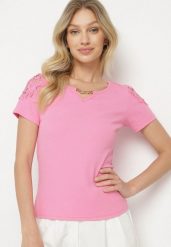 Fuksjowy Bawełniany T-shirt z Łańcuszkiem i Koronką Liraveira. Czerwone t-shirty Born2be, m, z aplikacjami, z bawełny, bez kołnierzyka, bez ramiączek. Za 39.99 zł.