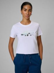 4F T-shirt regular z nadrukiem damski - biały M. Białe t-shirty 4f, m, bez wzorów, z bawełny, bez kołnierzyka, bez ramiączek. Za 59.99 zł.