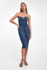 Sukienka jeansowa bodycon ELISABETTA FRANCHI. Sukienki Elisabetta Franchi, bez wzorów, z jeansu, bez kołnierzyka, bez ramiączek, bodycon. Za 2,949.00 zł.