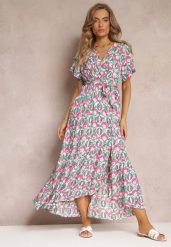 Różowa Sukienka z Wiskozy i Kopertowym Dekoltem w Fantazyjny Print Abai. Czerwone sukienki Renee, na lato, l, z aplikacjami, z wiskozy, bez kołnierzyka, bez ramiączek, maxi, kopertowe. Za 64.99 zł.