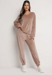 Beżowy Welurowy Komplet Dresowy Bluza z Trójkątnym Dekoltem i Spodnie z Kieszeniami Onchia. Brązowe bluzy Born2be, l, bez wzorów, z dresówki, bez kaptura. W wyprzedaży za 93.49 zł.