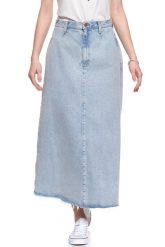 SPÓDNICA JEANSOWA WRANGLER LONG SKIRT WINTER BLEACH W263WJ10B 112128021. Niebieskie spódnice Wrangler, s, bez wzorów, z jeansu, maxi, trapezowe. Za 159.99 zł.