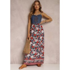 Granatowa Sukienka Tarain. Niebieskie sukienki Renee, na imprezę, na lato, l, bez wzorów, z jeansu, boho, bez kołnierzyka, bez ramiączek, maxi, dopasowane. Za 74.99 zł.