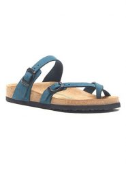Comfortfusse Skórzane japonki w kolorze granatowym rozmiar: 35. Niebieskie klapki Comfortfüße, bez wzorów, z nubiku, z otwartym noskiem, bez obcasa. Za 189.29 zł.