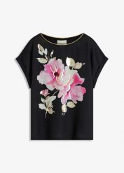Bluzka z wstawką z tkaniny. Czarne bluzki bonprix, bez wzorów, z satyny, eleganckie, bez kołnierzyka, bez ramiączek. Za 37.99 zł.