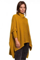 Asymetryczny swobodny sweter jak ponczo z golfem żółty. Żółte golfy Polskie swetry, uniwersalny, bez wzorów, ze splotem, bez ramiączek. Za 259.00 zł.