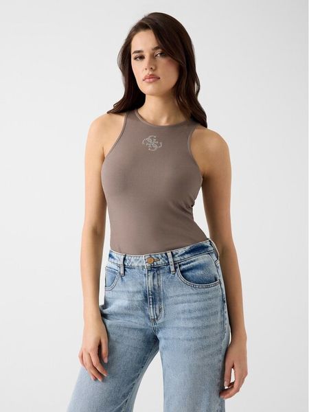 Guess Top W6RP39 KD092 Beżowy ciemny Regular Fit. Brązowe t-shirty Guess, s, z aplikacjami, z syntetyku, bez kołnierzyka, bez ramiączek. Za 174.99 zł.