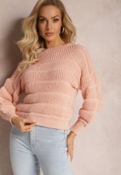 Różowy Sweter o Krótszym Luźnym Fasonie Olimppia. Czerwone swetry Renee, na zimę, bez wzorów, bez ramiączek. Za 79.99 zł.