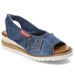 Niebieskie Sandały Artiker Modne Obuwie Damskie. Niebieskie sandały Artiker, bez wzorów, z jeansu, bez obcasa, na koturnie, bez zapięcia. Za 251.99 zł.