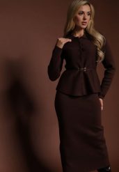 Brązowy Elegancki Komplet Garniturowy z Wiskozą Taliowana Marynarka i Spódnica Zaite. Brązowe marynarki i żakiety Renee, z aplikacjami, z wiskozy, eleganckie. Za 229.99 zł.