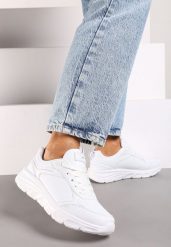 Białe Casualowe Buty Sportowe Sneakersy na Płaskiej Tłoczonej Podeszwie Velanitta. Białe obuwie sportowe Renee, z jeansu, bez zapięcia. Za 109.99 zł.