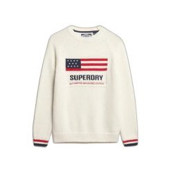 Damski sweter z okrągłym dekoltem Superdry Americana. Białe swetry Superdry, na zimę, bez wzorów, bez ramiączek. Za 353.95 zł.