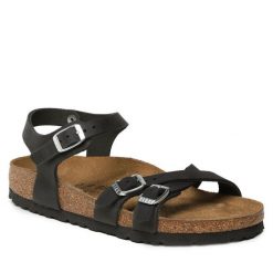 Sandały Birkenstock. Czarne sandały Birkenstock, bez wzorów, bez obcasa, na płaskiej podeszwie, bez zapięcia. Za 579.99 zł.