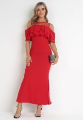 Czerwona Taliowana Sukienka bez Rękawów z Falbanką Cynanthe. Czerwone sukienki Born2be, na imprezę, bez wzorów, bez kołnierzyka, bez ramiączek, maxi. Za 109.99 zł.