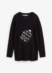 Sweter bożonarodzeniowy z obracanymi cekinami. Czarne swetry bonprix, bez wzorów, bez ramiączek. Za 129.99 zł.