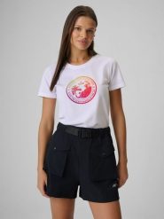 4F T-shirt regular z nadrukiem damski - biały S. Białe t-shirty 4f, s, bez wzorów, z bawełny, bez kołnierzyka, bez ramiączek. Za 59.99 zł.