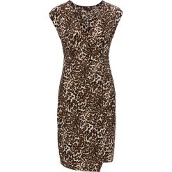 Sukienka z dżerseju bonprix w cętki leoparda. Brązowe sukienki bonprix, bez wzorów, z dżerseju, bez kołnierzyka, bez ramiączek, kopertowe. Za 89.99 zł.