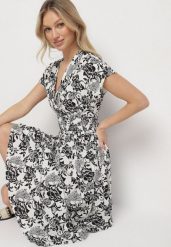 Biała Kopertowa Sukienka z Bawełną w Kwiatowy Wzór Ldivira. Białe sukienki Born2be, na co dzień, na lato, l, bez wzorów, z bawełny, bez kołnierzyka, bez ramiączek, midi, kopertowe. Za 64.99 zł.