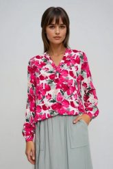 Wzorzysta koszula fuksjowa. Koszule MOODO, bez wzorów, z wiskozy, bez kołnierzyka, bez ramiączek. Za 99.99 zł.