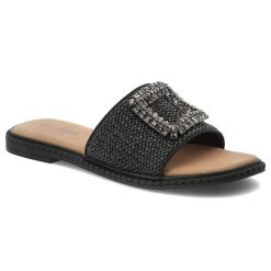 Klapki damskie Artiker, boho eleganckie z ozdobą na płaskim obcasie, czarne, 56C1339. Czarne klapki Artiker, z aplikacjami, ze skóry ekologicznej, bez obcasa, na płaskiej podeszwie. Za 129.00 zł.