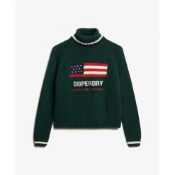 Sweter damski z golfem Superdry Americana. Zielone swetry Superdry, na zimę, bez wzorów, bez ramiączek. Za 392.65 zł.