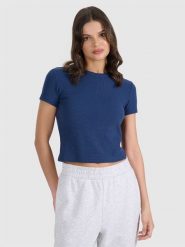 4F T-shirt slim z waflowej dzianiny damski - granatowy M. Niebieskie t-shirty 4f, m, bez wzorów, z dzianiny, bez kołnierzyka, bez ramiączek. W wyprzedaży za 29.99 zł.