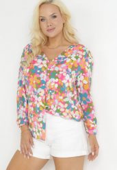 Różowo-Pomarańczowa Kwiecista Koszula z Ozdobnymi Guzikami i Trójkątnym Dekoltem Portlyn. Czerwone koszule Born2be, l, bez wzorów, bez kołnierzyka, plus size, bez ramiączek. Za 69.99 zł.