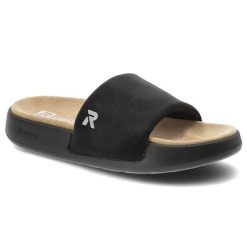 Klapki damskie Rieker, cholewka z tworzywa wsuwany fason szeroki pasek z przodu, czarne, W3250-00. Czarne klapki Rieker, bez wzorów, bez obcasa. Za 249.00 zł.