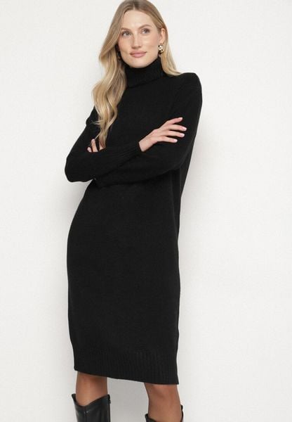 Czarna Dzianinowa Sukienka z Bawełną o Prostym Kroju z Golfem Tesala. Czarne sukienki Born2be, do pracy, uniwersalny, bez wzorów, z bawełny, biznesowe, bez kołnierzyka, bez ramiączek, proste. Za 99.99 zł.