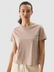4F T-shirt regular z nadrukiem damski - beżowy XS. Brązowe t-shirty 4f, xs, bez wzorów, z bawełny, bez kołnierzyka, bez ramiączek. W wyprzedaży za 29.99 zł.