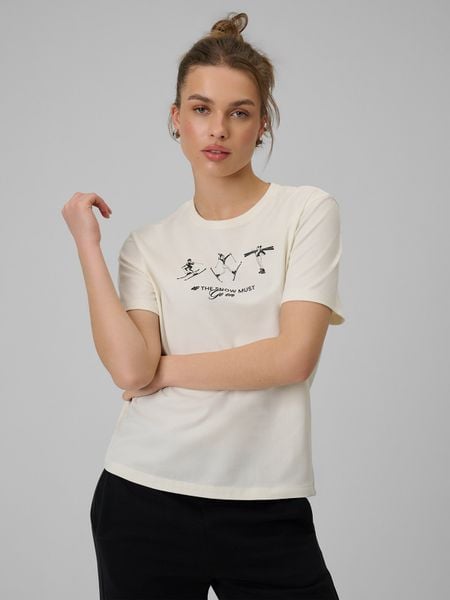 4F T-shirt regular z nadrukiem damski - beżowy S. Brązowe t-shirty 4f, s, bez wzorów, z bawełny, bez kołnierzyka, bez ramiączek. W wyprzedaży za 29.99 zł.