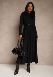 Czarna Dzianinowa Sukienka Rozkloszowana Longsleeve z Wiskozą i Paskiem Tusnira. Czarne sukienki Renee, na co dzień, m, bez wzorów, z dzianiny, eleganckie, bez kołnierzyka, bez ramiączek, maxi, proste. Za 169.99 zł.