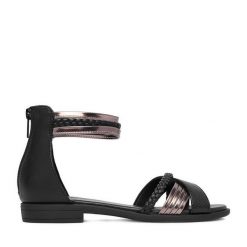 Sandały JENNY. Czarne sandały Jenny, bez wzorów, bez obcasa, na płaskiej podeszwie, bez zapięcia. Za 99.99 zł.