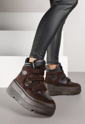 Brązowe Botki Sneakersy Vices na Platformie w Stylu Y2K Gelira. Brązowe botki Renee, z aplikacjami, z jeansu, bez obcasa, na platformie, bez zapięcia. Za 149.99 zł.