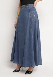 Granatowa Bawełniana Spódnica Jeansowa Maxi Rozkloszowana z Łańcuszkiem Zallire. Niebieskie spódnice Born2be, s, bez wzorów, z bawełny, boho, maxi, rozkloszowane. Za 199.99 zł.