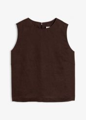 Krótki top z czystego lnu. Białe topy bonprix, bez wzorów, bez kołnierzyka, bez ramiączek. Za 119.99 zł.