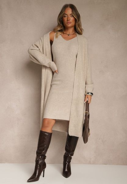 Beżowy Dzianinowy Komplet z Wełną Prążkowana Sukienka i Długi Kardigan Falonessa. Brązowe kardigany Renee, bez wzorów, z dzianiny. Za 139.99 zł.