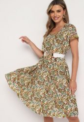 Beżowo-Zielona Wiskozowa Sukienka Rozkloszowana we Wzór Paisley Mastis. Brązowe sukienki Born2be, na imprezę, uniwersalny, bez wzorów, z wiskozy, eleganckie, bez kołnierzyka, bez ramiączek, midi, rozkloszowane. Za 64.99 zł.