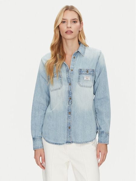 Guess Jeans Koszula jeansowa W5RH37 D5M83 Niebieski Regular Fit. Niebieskie koszule Guess Jeans, m, z aplikacjami, z bawełny, bez kołnierzyka, bez ramiączek. Za 174.00 zł.