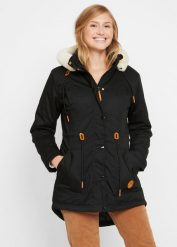 Parka z wstawką ze sztucznego futerka, ocieplana. Czarne parki bonprix, z kapturem. Za 219.99 zł.