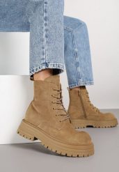 Ciemnobeżowe Casualowe Botki Typu Workery Vemarine. Brązowe botki Renee, bez wzorów, z jeansu, bez obcasa, na płaskiej podeszwie, bez zapięcia. Za 169.99 zł.