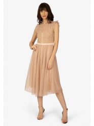 APART Sukienka w kolorze beżowym rozmiar: 36. Brązowe sukienki Apart, bez wzorów, z koronki, bez kołnierzyka, bez ramiączek, midi. Za 173.99 zł.