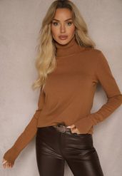 Brązowy Golf Sweterkowy z Domieszką Kaszmiru Zaivanna. Brązowe golfy Renee, bez wzorów, z jeansu, bez ramiączek. Za 59.99 zł.