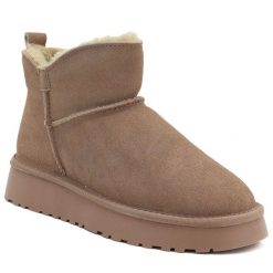 Skórzane botki damskie śniegowce na platformie beżowe Vinceza 97961. Brązowe botki Big Star, bez wzorów, z materiału, bez obcasa, na platformie, bez zapięcia. Za 149.99 zł.