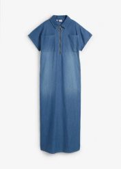 Sukienka dżinsowa maxi. Niebieskie sukienki bonprix, bez wzorów, bez kołnierzyka, bez ramiączek, maxi. Za 169.99 zł.