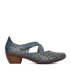 Półbuty Rieker. Niebieskie czółenka Rieker, bez wzorów, bez obcasa, na obcasie, bez zapięcia. Za 339.99 zł.