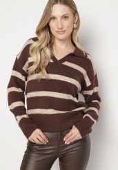 Brązowy Sweter w Paski z Wełną i Dekoltem z Kołnierzykiem Tevana. Brązowe swetry Born2be, uniwersalny, bez wzorów, z dzianiny, bez ramiączek. Za 149.99 zł.